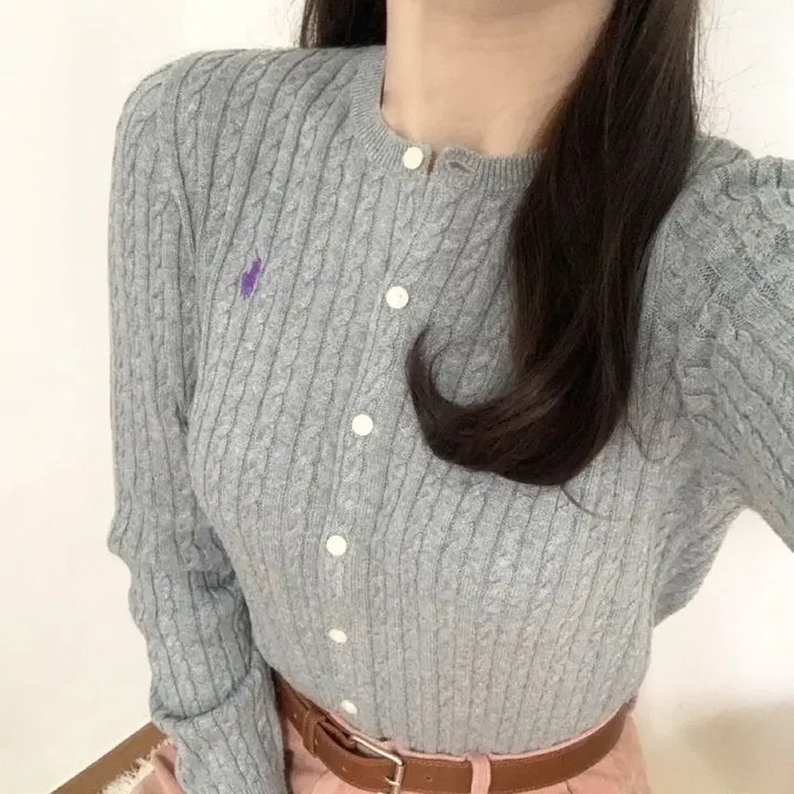 [BUNJANG] Polo Girls Cable Knit Cardigan - Gray L / 폴로 걸즈 가디건 그레이 - L 사이즈