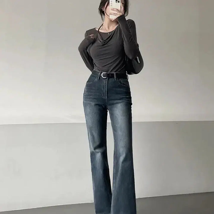 [BUNJANG] High-Waist Bootcut Denim Jeans / 하이웨스트 스판 진청 워싱 부츠컷 데님 팬츠