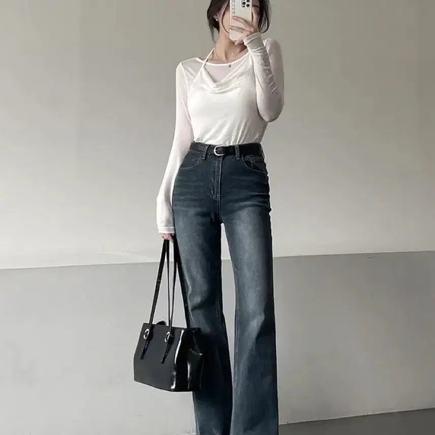 [BUNJANG] High-Waist Bootcut Denim Jeans / 하이웨스트 스판 진청 워싱 부츠컷 데님 팬츠
