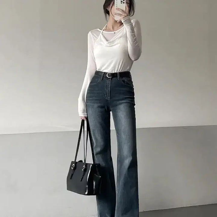 [BUNJANG] High-Waist Bootcut Denim Jeans / 하이웨스트 스판 진청 워싱 부츠컷 데님 팬츠