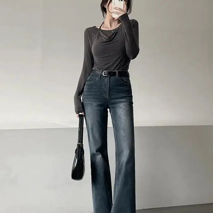 [BUNJANG] High-Waist Bootcut Denim Jeans / 하이웨스트 스판 진청 워싱 부츠컷 데님 팬츠