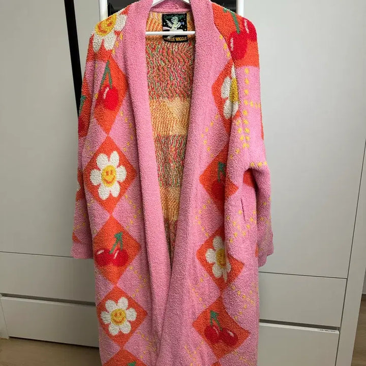 [BUNJANG] Wiggle Wiggle Smile Cherry Argyle Lounge Robe / 위글위글 라운지 로브 Smile Cherry Argyle