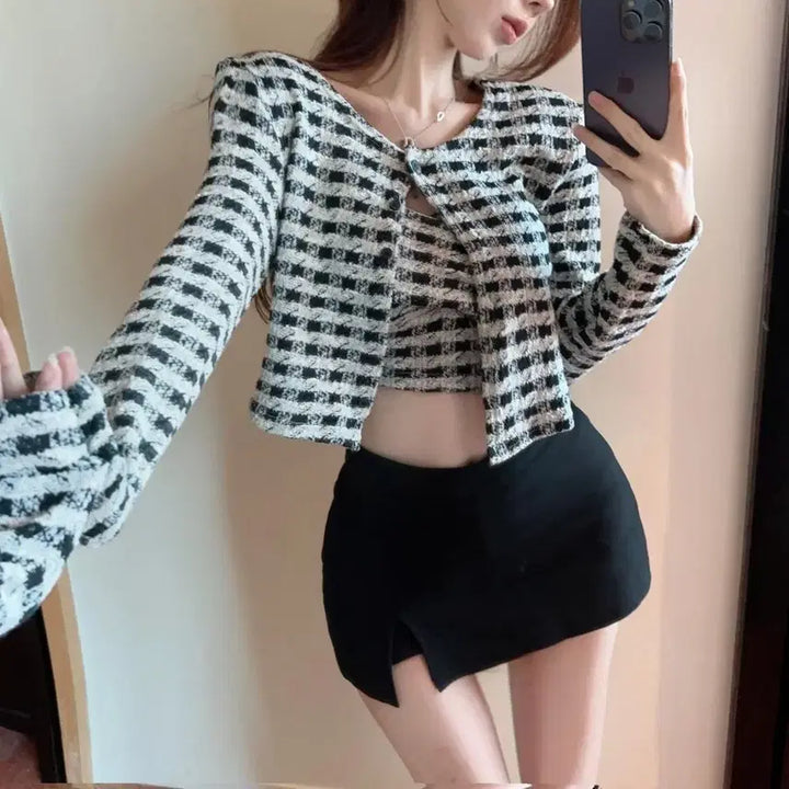 [BUNJANG] Black Tweed Crop Top and Jacket Set / [새상품/빠른발송] 블랙 트위드 자켓 크롭 나시+아우터 세트 셋업
