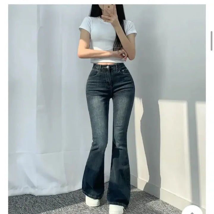 [BUNJANG] Ablly Fold Back Pocket Bootcut Denim Pants Dark Blue S Size / 에이블리 니까 폴드 백 포켓 부츠컷 데님 팬츠 진청 S사이즈