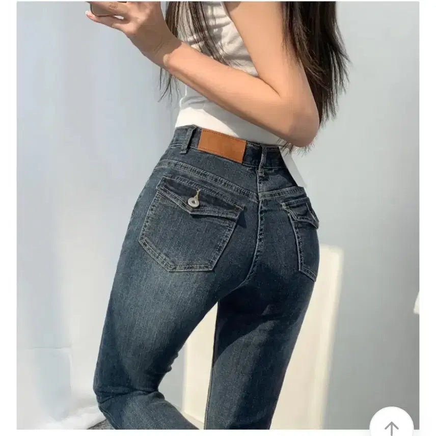 [BUNJANG] Ablly Fold Back Pocket Bootcut Denim Pants Dark Blue S Size / 에이블리 니까 폴드 백 포켓 부츠컷 데님 팬츠 진청 S사이즈