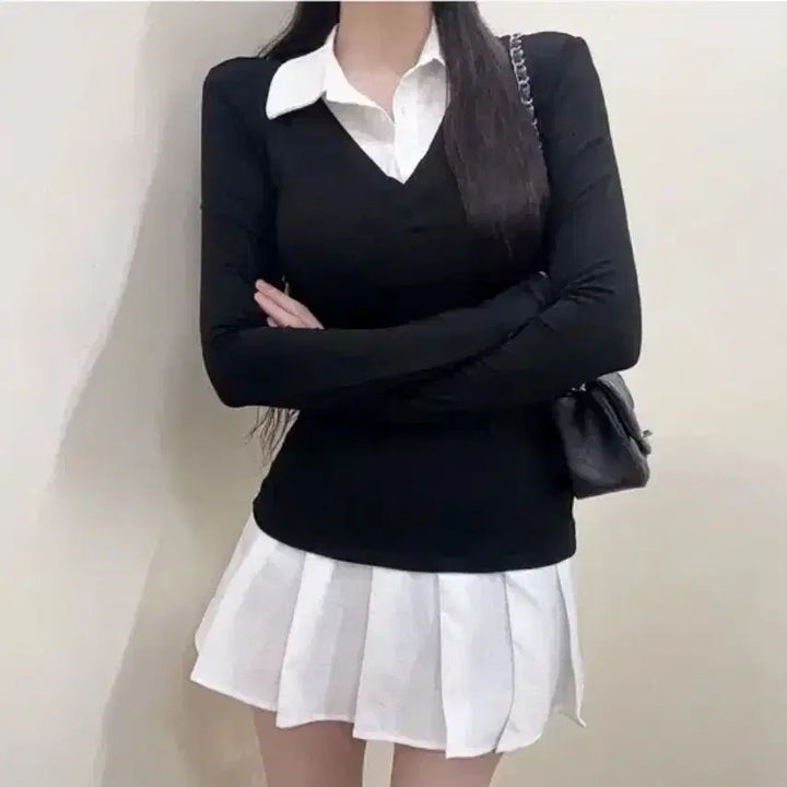 [BUNJANG] Color-Blocked Collar Layered One-Piece Dress / 새상품 일체형셔츠 레이어드 배색 카라 원피스