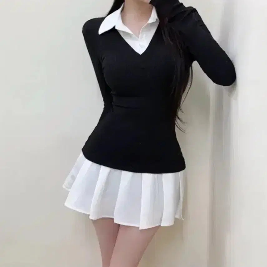 [BUNJANG] Color-Blocked Collar Layered One-Piece Dress / 새상품 일체형셔츠 레이어드 배색 카라 원피스