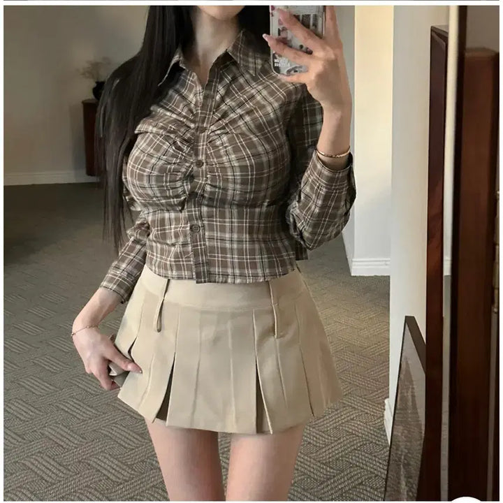[BUNJANG] Modenrobe Modifit Shring Check Crop Slim Shirt / [모던로브/모디핏] 셔링 체크 크롭 슬림 셔츠 브라운