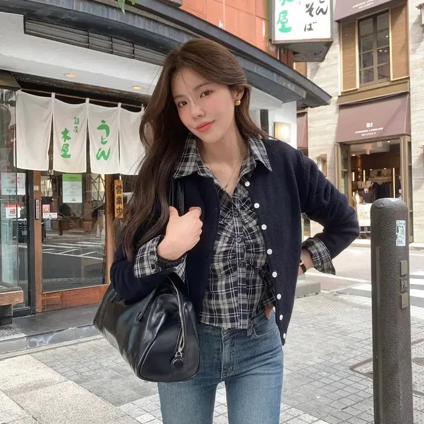 [BUNJANG] Modenrobe Modifit Shring Check Crop Slim Shirt / [모던로브/모디핏] 셔링 체크 크롭 슬림 셔츠 브라운