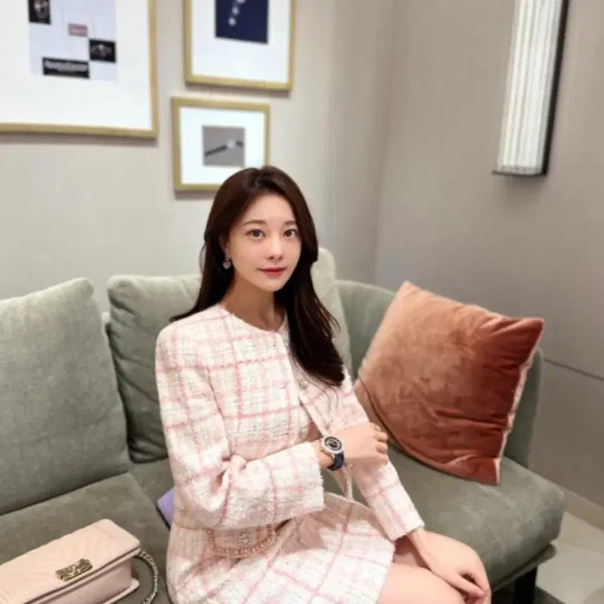 [BUNJANG] Roar Pink Premium Tweed Check Set Up Dress + Jacket / (로아르/새상품)핑크 프리미엄 트위드 체크 셋업 원피스+자켓