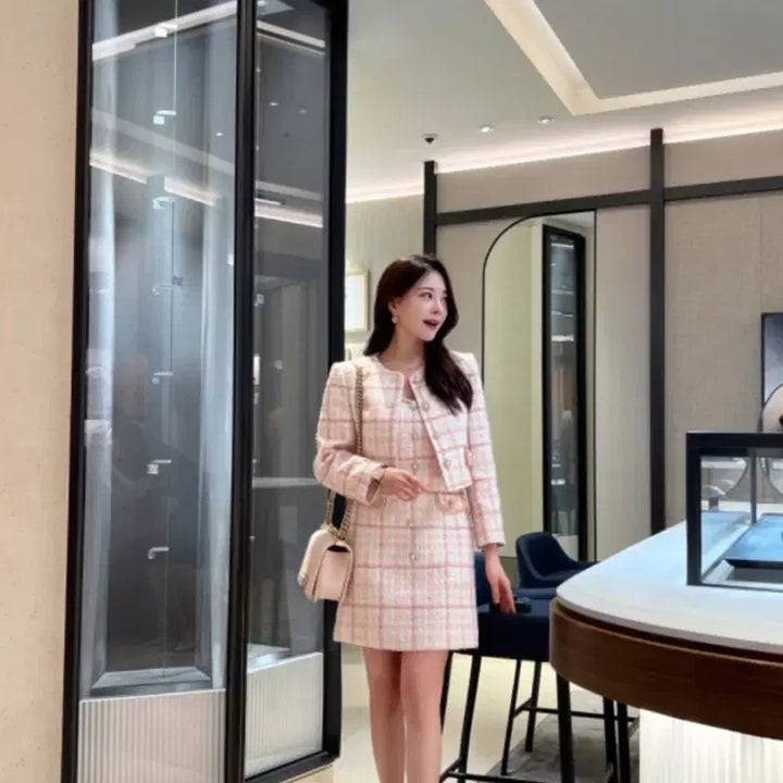 [BUNJANG] Roar Pink Premium Tweed Check Set Up Dress + Jacket / (로아르/새상품)핑크 프리미엄 트위드 체크 셋업 원피스+자켓