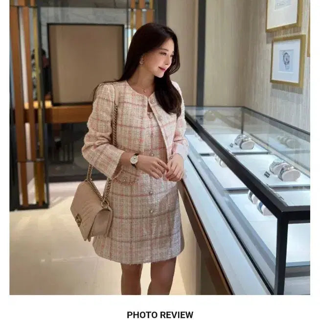 [BUNJANG] Roar Pink Premium Tweed Check Set Up Dress + Jacket / (로아르/새상품)핑크 프리미엄 트위드 체크 셋업 원피스+자켓