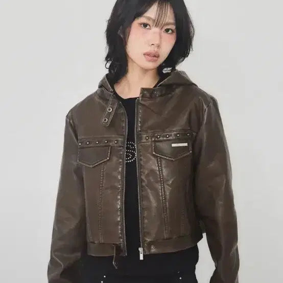[BUNJANG] As You Are Track Leather Hoodie Jacket Brown S / 애즈유아 트랙 레더 후디 자켓 브라운 s