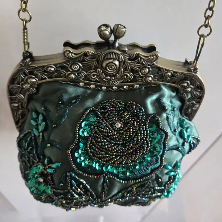 [BUNJANG] Vintage Style Green Flower Beaded Chain Shoulder Bag / 빈티지 스타일 그린플라워 비즈체인 숄더백