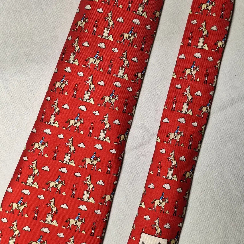 [BUNJANG] Hermes Silk Tie Red Equestrian Pattern / 에르메스 실크 넥타이 레드 승마 기마패턴