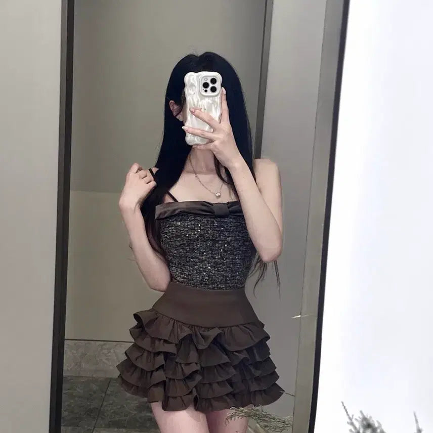 [BUNJANG] High-Quality Velvet Ribbon Sequin Tweed Smocked Top / [새상품/고퀄/수입의류]벨벳 리본 펄 스팽글 트위드 스모크탑 나시