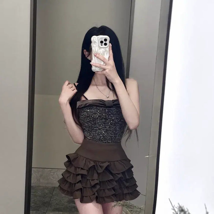 [BUNJANG] High-Quality Velvet Ribbon Sequin Tweed Smocked Top / [새상품/고퀄/수입의류]벨벳 리본 펄 스팽글 트위드 스모크탑 나시