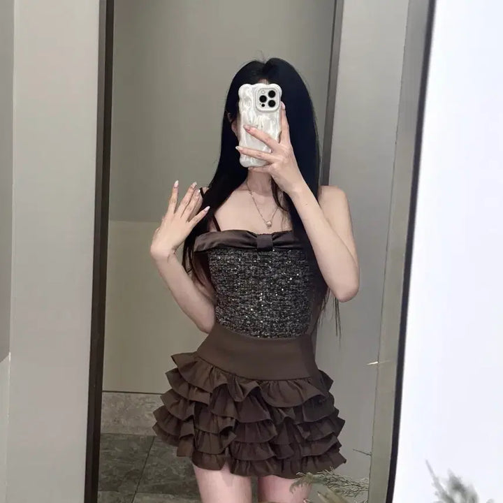 [BUNJANG] High-Quality Velvet Ribbon Sequin Tweed Smocked Top / [새상품/고퀄/수입의류]벨벳 리본 펄 스팽글 트위드 스모크탑 나시