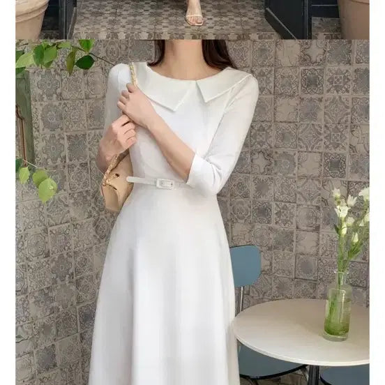 [BUNJANG] Clarang Asymmetrical Collar Tweed Flare Long Dress / 클라랑 언발카라 트위드 훌 롱원피스(벨트set/A라인/플레어/격식룩/하객