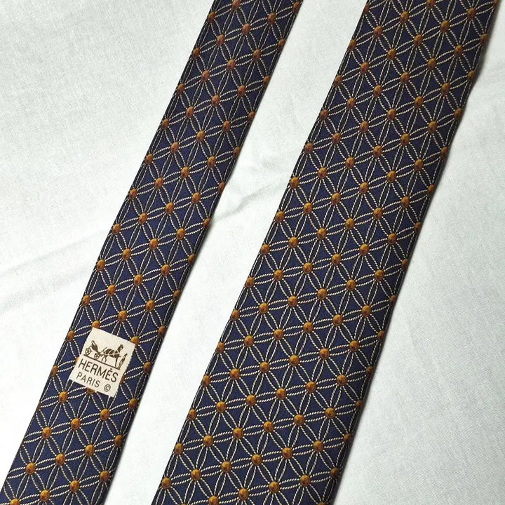 [BUNJANG] Hermes Navy Gold Lattice Brown Dot Silk Tie / 에르메스 네이비 골드격자 브라운도트 넥타이
