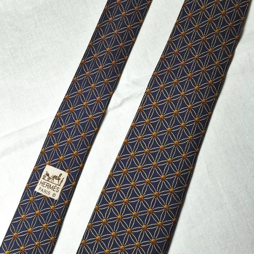 [BUNJANG] Hermes Navy Gold Lattice Brown Dot Silk Tie / 에르메스 네이비 골드격자 브라운도트 넥타이