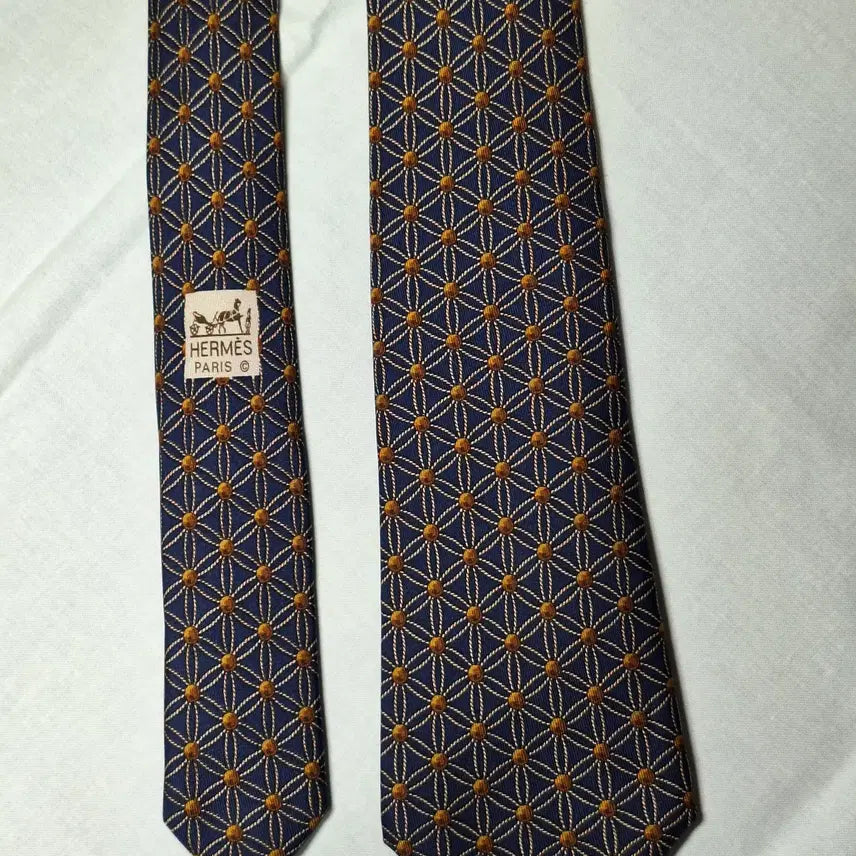 [BUNJANG] Hermes Navy Gold Lattice Brown Dot Silk Tie / 에르메스 네이비 골드격자 브라운도트 넥타이