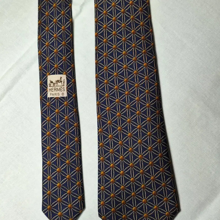 [BUNJANG] Hermes Navy Gold Lattice Brown Dot Silk Tie / 에르메스 네이비 골드격자 브라운도트 넥타이