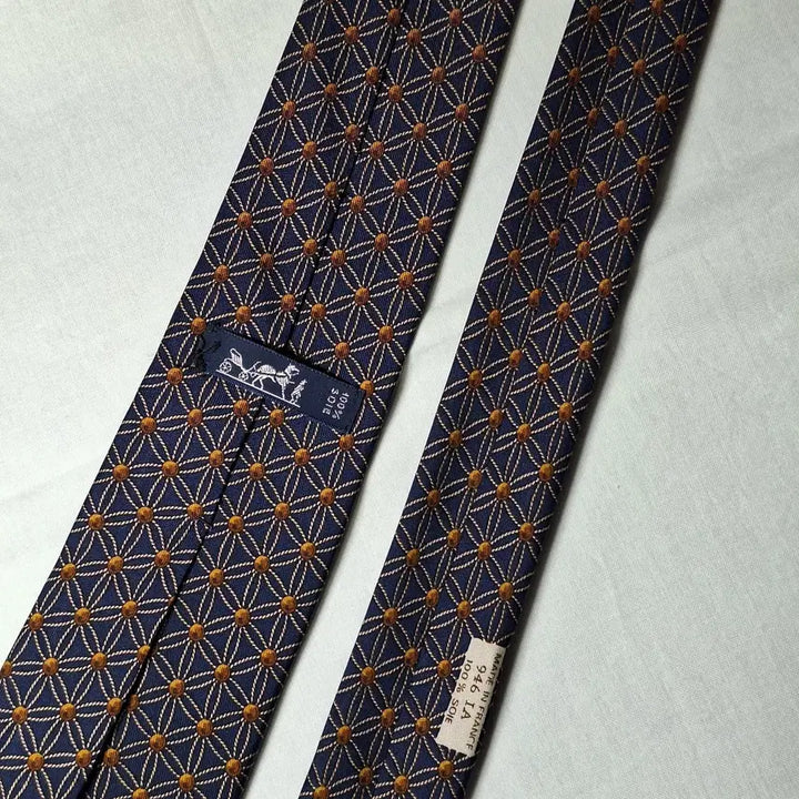 [BUNJANG] Hermes Navy Gold Lattice Brown Dot Silk Tie / 에르메스 네이비 골드격자 브라운도트 넥타이