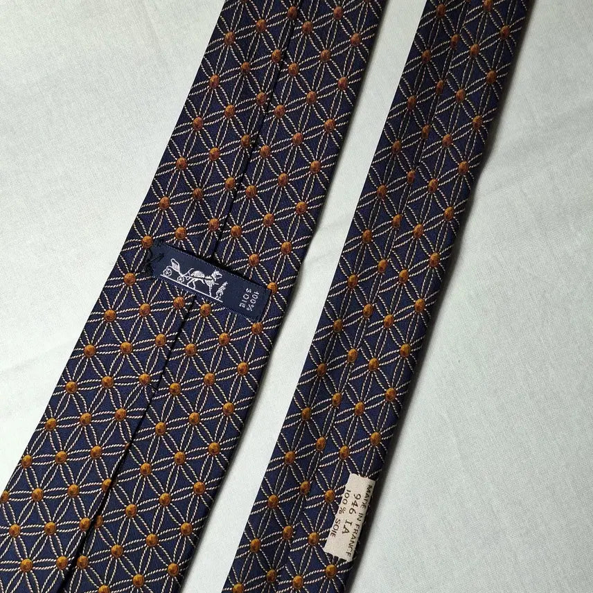 [BUNJANG] Hermes Navy Gold Lattice Brown Dot Silk Tie / 에르메스 네이비 골드격자 브라운도트 넥타이