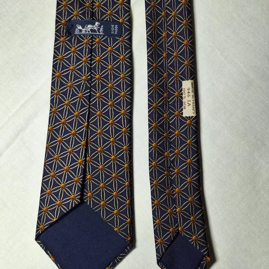 [BUNJANG] Hermes Navy Gold Lattice Brown Dot Silk Tie / 에르메스 네이비 골드격자 브라운도트 넥타이