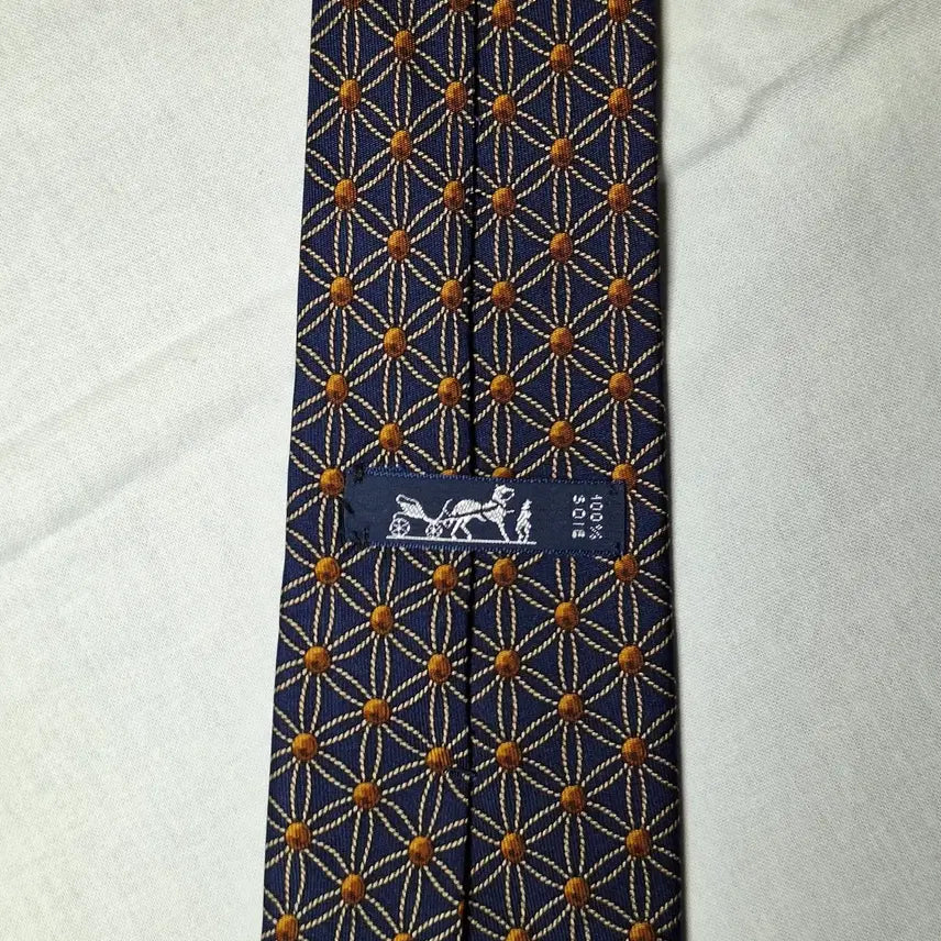 [BUNJANG] Hermes Navy Gold Lattice Brown Dot Silk Tie / 에르메스 네이비 골드격자 브라운도트 넥타이