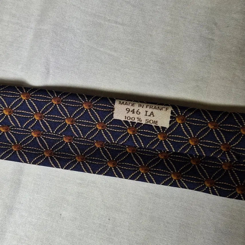 [BUNJANG] Hermes Navy Gold Lattice Brown Dot Silk Tie / 에르메스 네이비 골드격자 브라운도트 넥타이