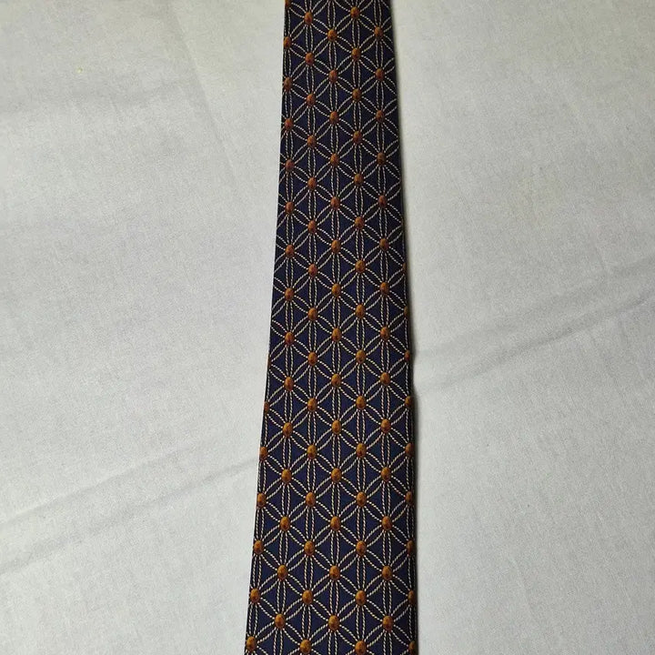 [BUNJANG] Hermes Navy Gold Lattice Brown Dot Silk Tie / 에르메스 네이비 골드격자 브라운도트 넥타이