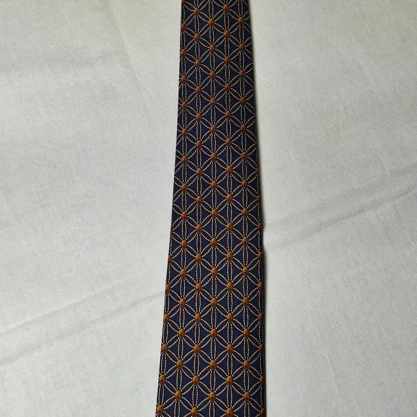[BUNJANG] Hermes Navy Gold Lattice Brown Dot Silk Tie / 에르메스 네이비 골드격자 브라운도트 넥타이