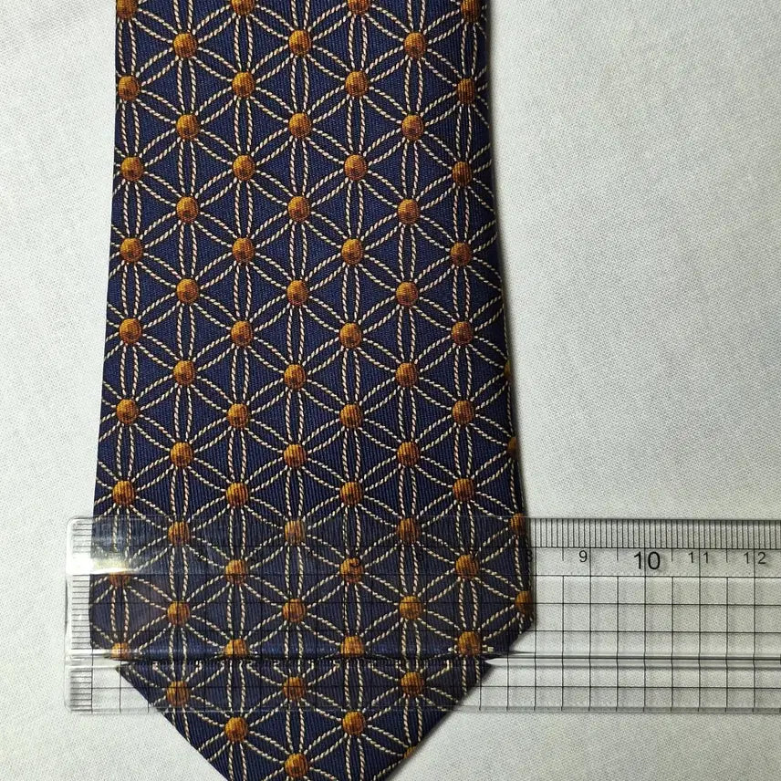 [BUNJANG] Hermes Navy Gold Lattice Brown Dot Silk Tie / 에르메스 네이비 골드격자 브라운도트 넥타이