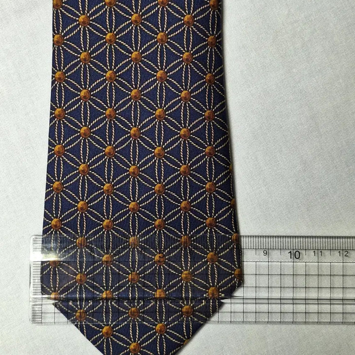 [BUNJANG] Hermes Navy Gold Lattice Brown Dot Silk Tie / 에르메스 네이비 골드격자 브라운도트 넥타이