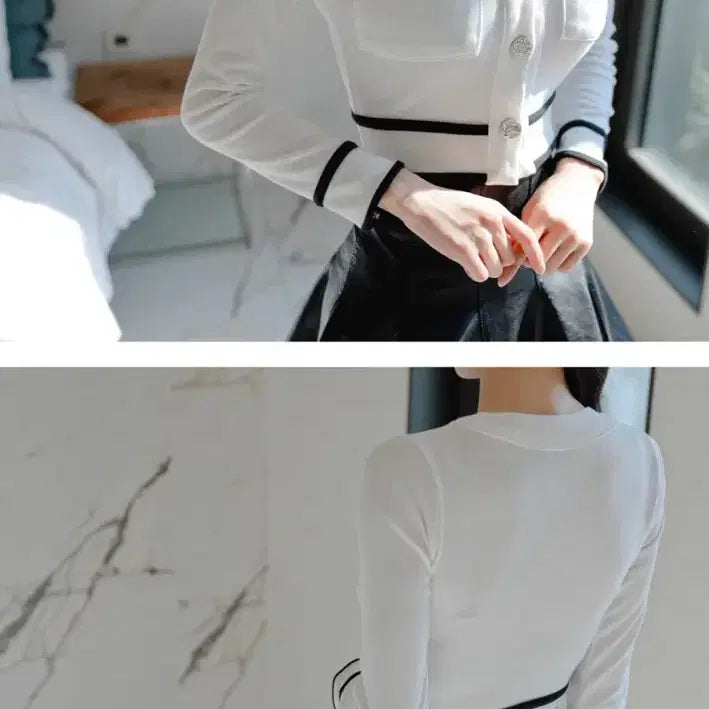 [BUNJANG] White Color Block Cropped Cardigan / 화이트 배색 크롭 가디건