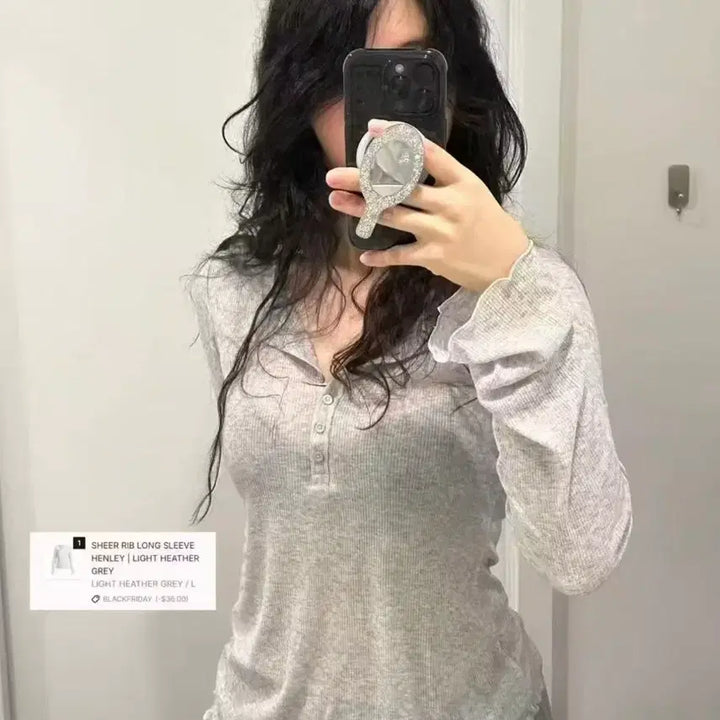 [BUNJANG] Header Grey Henley Neck Long Sleeve Shirt / 헤더그레이 헨리넥 롱슬리브 L