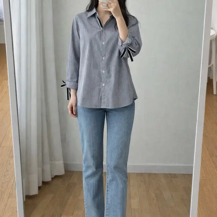 [BUNJANG] ADD SENSE Striped Ribbon Sleeve Shirt / ADD SENSE 스트라이프 리본소매 셔츠 Free (55~66)면100