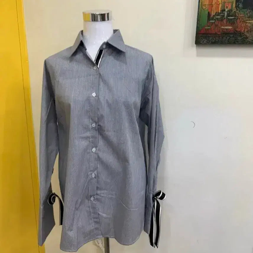 [BUNJANG] ADD SENSE Striped Ribbon Sleeve Shirt / ADD SENSE 스트라이프 리본소매 셔츠 Free (55~66)면100