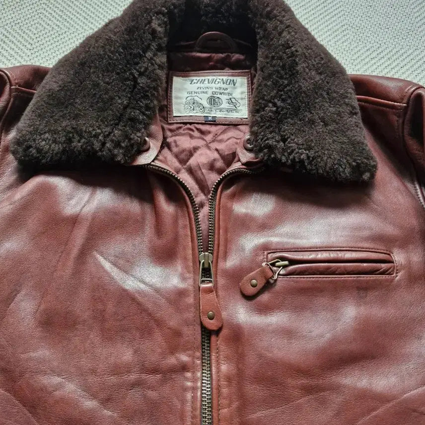 [BUNJANG] Chevignon Cowhide Flying Bomber Jacket - Burgundy Brown / 빈티지 쉐비뇽 카우하이드 플라잉 봄버