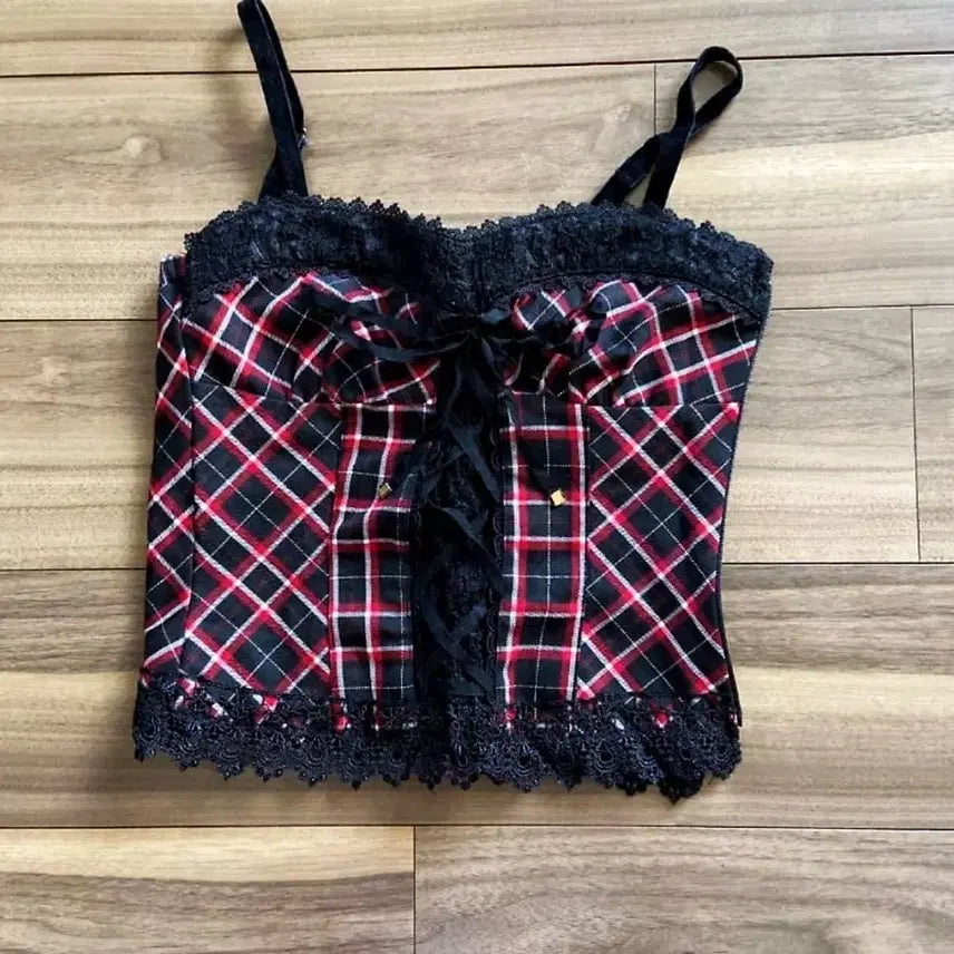 [BUNJANG] Cecil McBee Lace Check Frill Camisole Vintage / 세실맥비 레이스 체크 프릴 끈나시 슬리브리스 빈티지