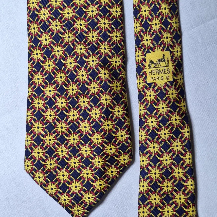 [BUNJANG] Hermes Navy Yellow Chain Sun Silk Tie / 에르메스 네이비 옐로우 체인태양문양 실크 넥타이