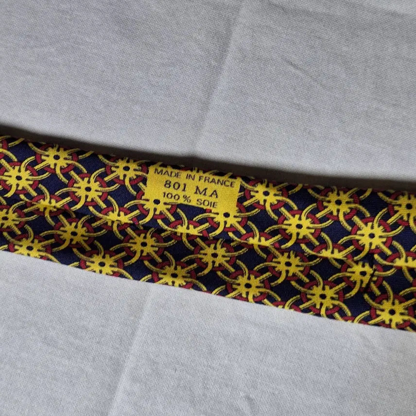[BUNJANG] Hermes Navy Yellow Chain Sun Silk Tie / 에르메스 네이비 옐로우 체인태양문양 실크 넥타이