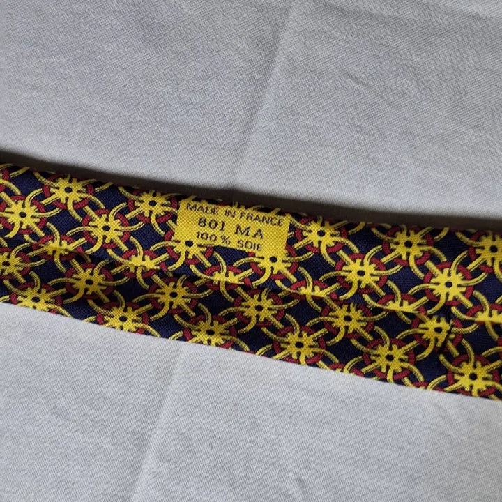 [BUNJANG] Hermes Navy Yellow Chain Sun Silk Tie / 에르메스 네이비 옐로우 체인태양문양 실크 넥타이