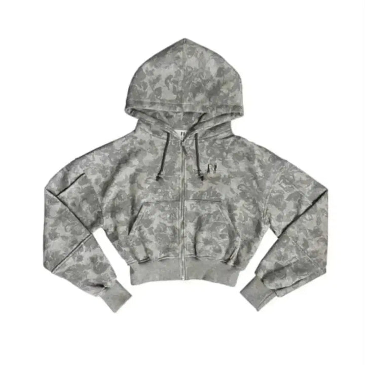 [BUNJANG] Newerlein Flower Bead Emblem Hooded Zip-up Gray / 뉴얼린 플라워 비즈 엠블럼 후드집업 그레이