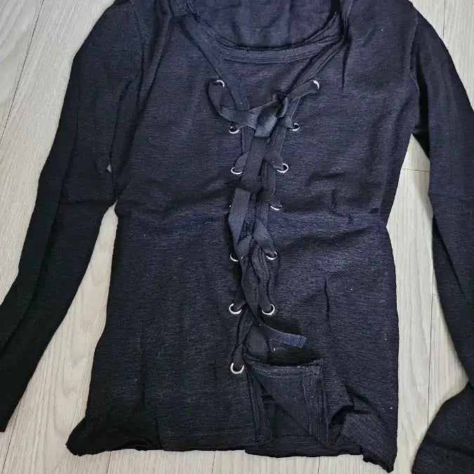 [BUNJANG] Egoist Black Long Sleeve T-Shirt with String Detail / 에고이스트