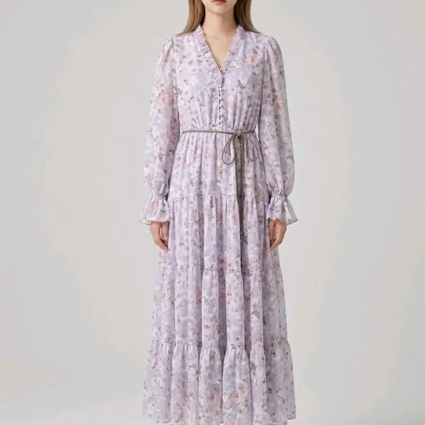 [BUNJANG] SJSJ Lavender Floral Chiffon Long Dress / SJSJ 라벤더 플로럴 쉬폰 롱 원피스