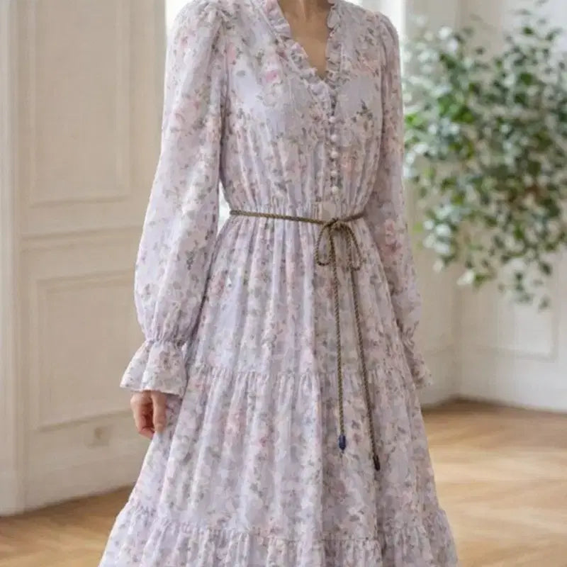 [BUNJANG] SJSJ Lavender Floral Chiffon Long Dress / SJSJ 라벤더 플로럴 쉬폰 롱 원피스