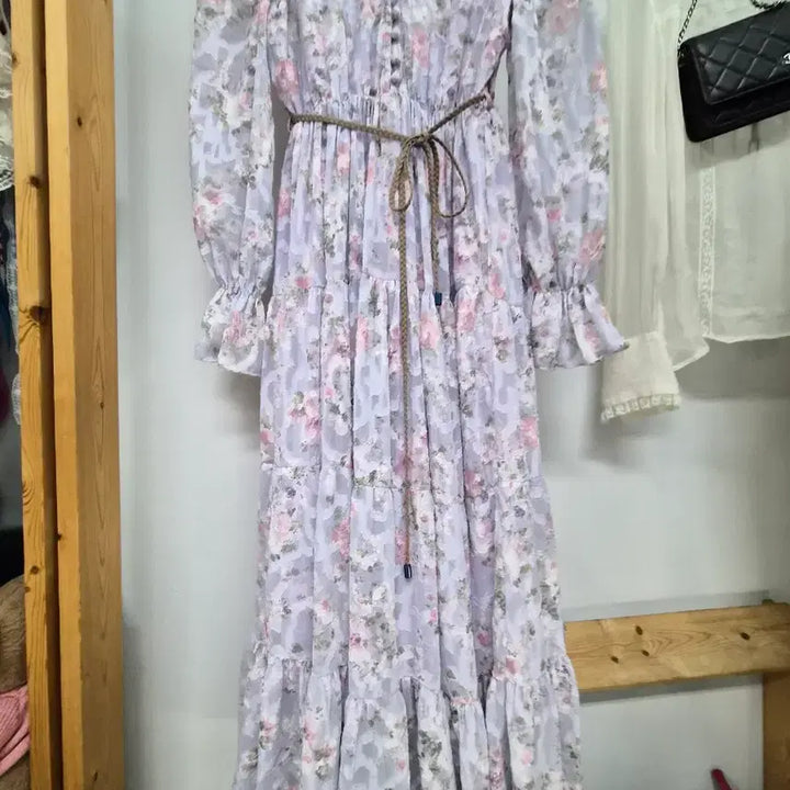 [BUNJANG] SJSJ Lavender Floral Chiffon Long Dress / SJSJ 라벤더 플로럴 쉬폰 롱 원피스
